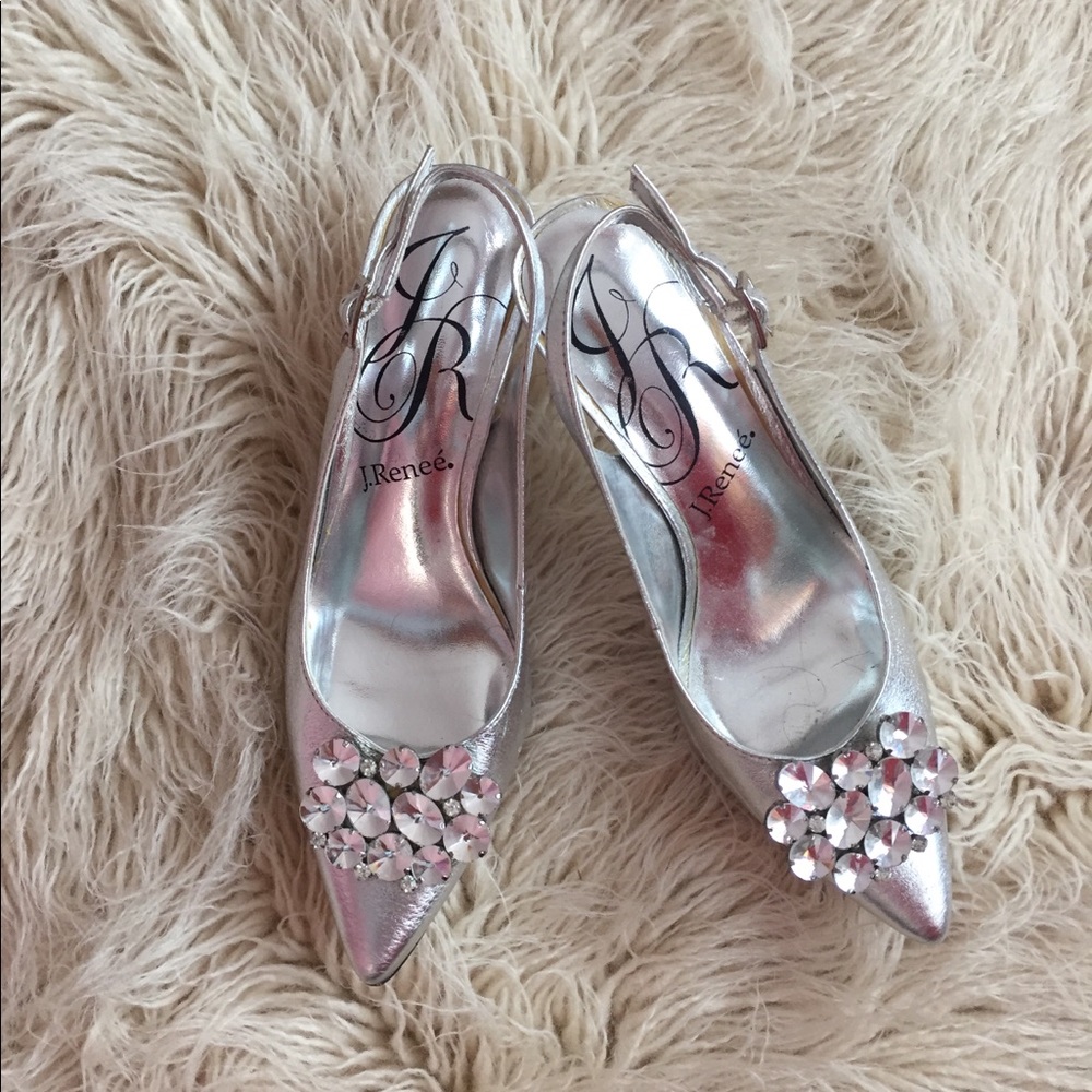 Metallic Silver rhinestone j Renee kitten heels
